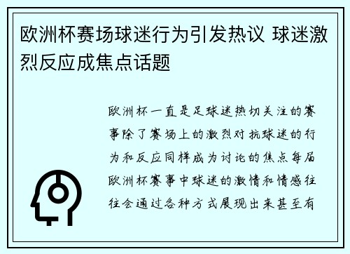 欧洲杯赛场球迷行为引发热议 球迷激烈反应成焦点话题