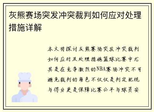 灰熊赛场突发冲突裁判如何应对处理措施详解 灰熊赛场突发冲突裁判如何应对处理措施详解