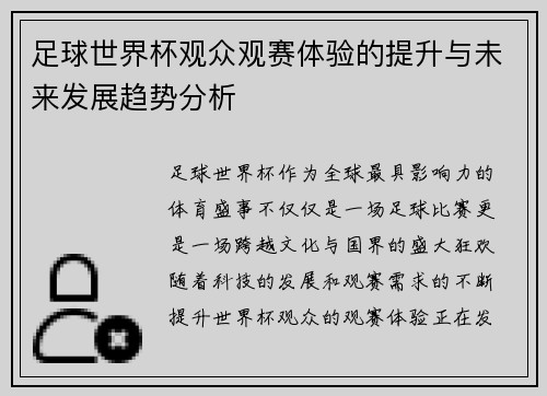 足球世界杯观众观赛体验的提升与未来发展趋势分析