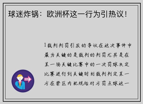 球迷炸锅：欧洲杯这一行为引热议！